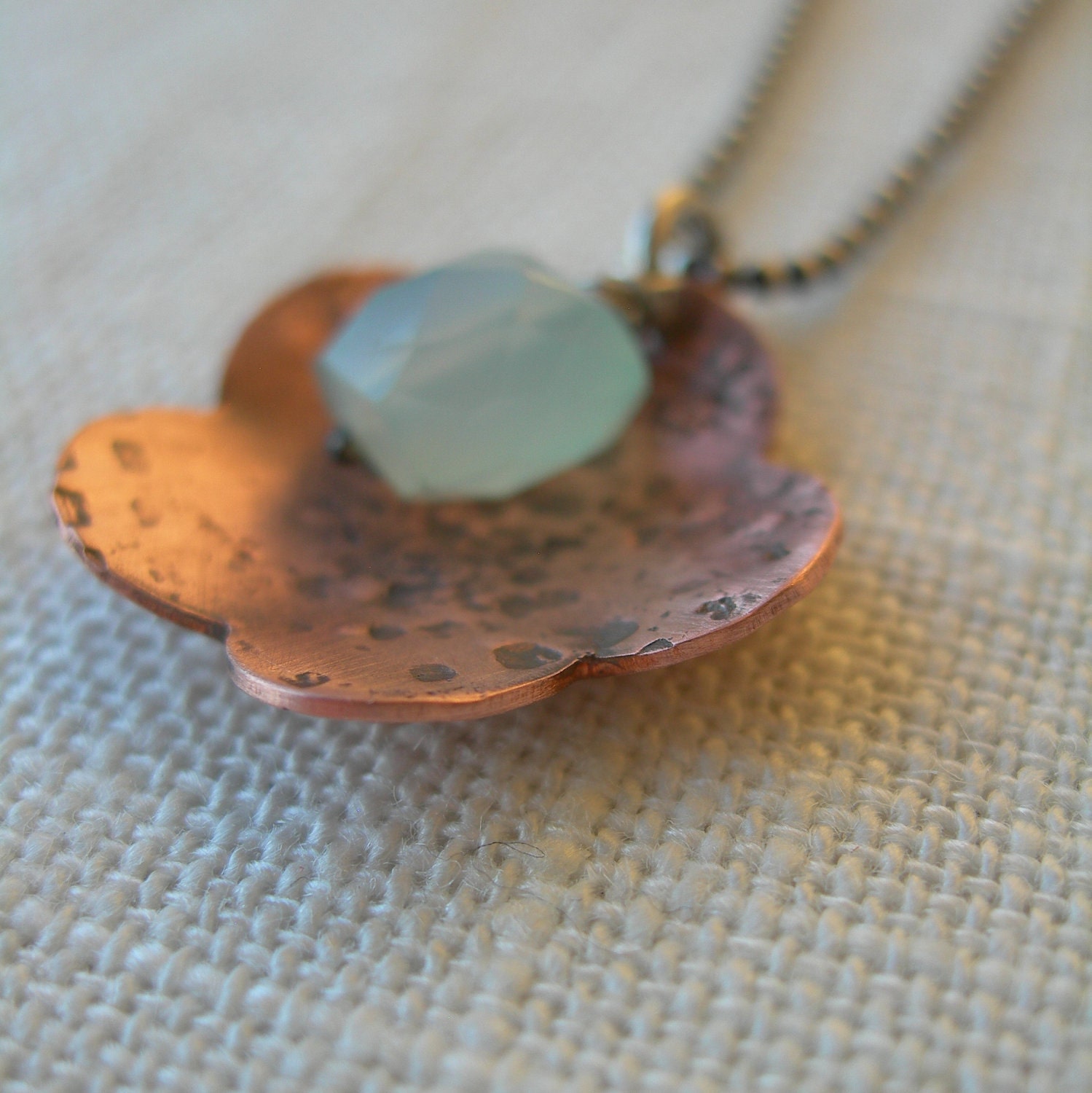 Recycled Copper Buttercup Flower Pendant with  Faceted Chalcedony