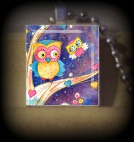 Pretty Pair of Owls Yellow and Blue (LA 7) Vintage Scrabble Tile Pendant ..Buy 3 Get 1 Free