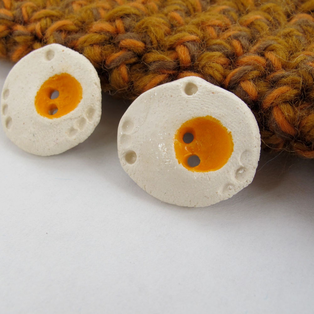 2 Ceramic Buttons - Fried Eggs - Handmade Buttons
