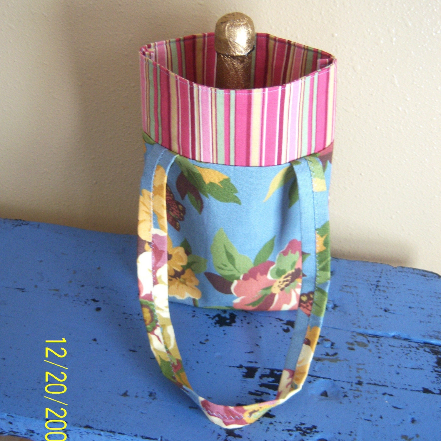 FREE SHIPPING SALE, Tote, purse or reusable gift bag, blue with pink flowers and stripes with butterflies.