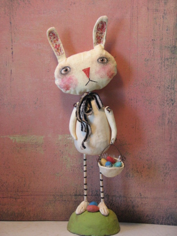 Primitive Bunny Rabbit with Basket of Eggs .........Clay and Cloth Art Doll