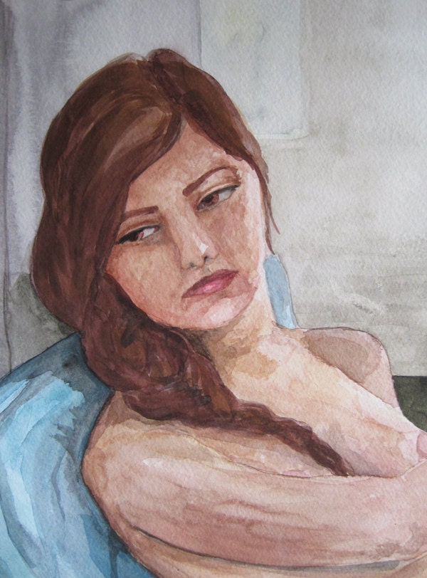Original Watercolor Painting Nude Mature Content Woman with Side Braid