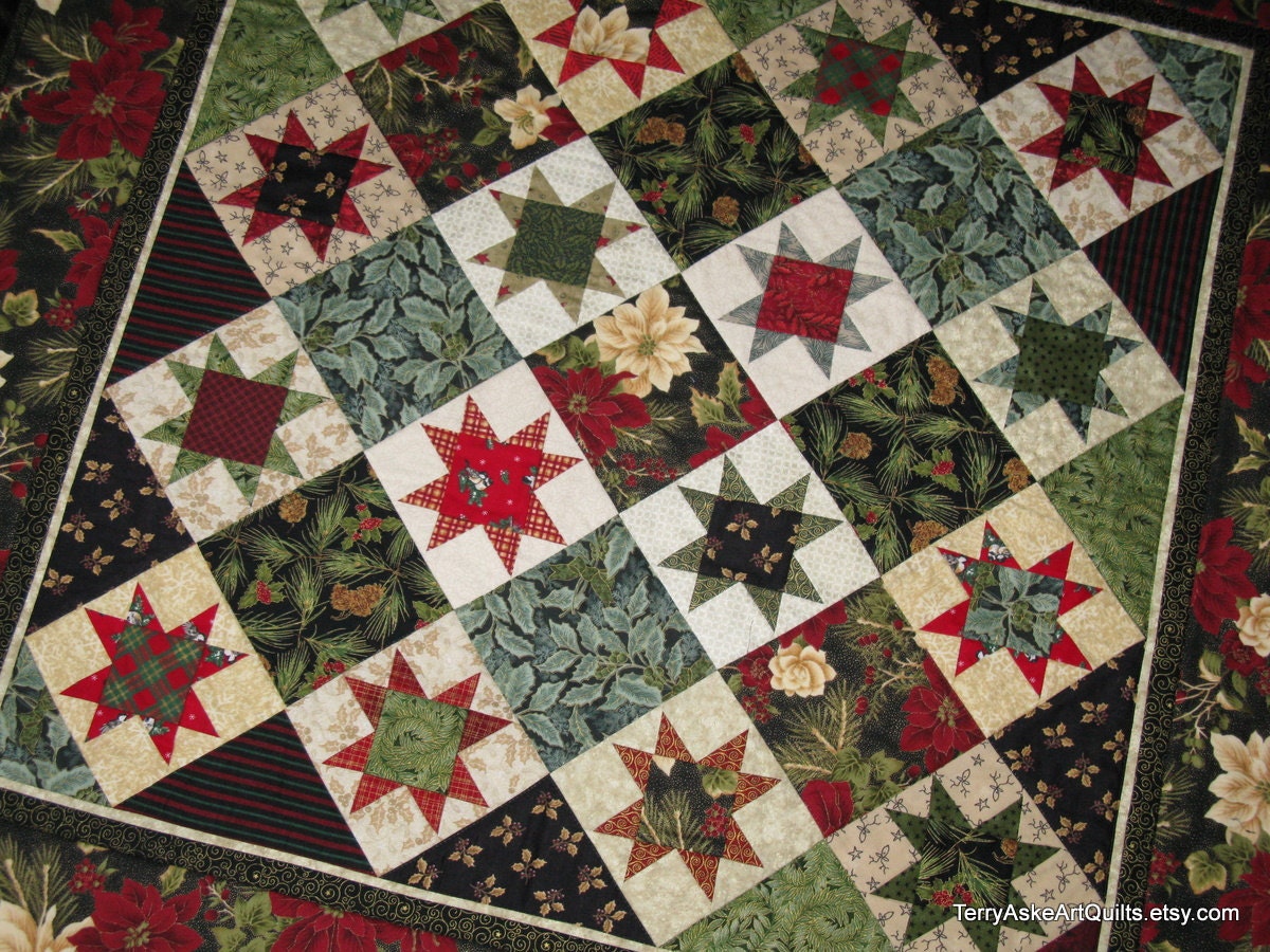 Quilted Wall Hanging - Christmas Sawtooth Star Quilt in Red, Green, Gold and Cream - 38" x 38"