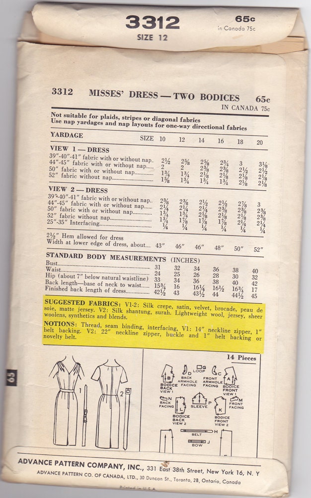 Joan Dress Vintage Pattern - B32 - Advance 3312
