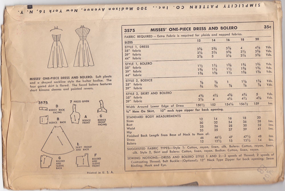 50s Pinup Dress Vintage Pattern - B34 - Simplicity 3575
