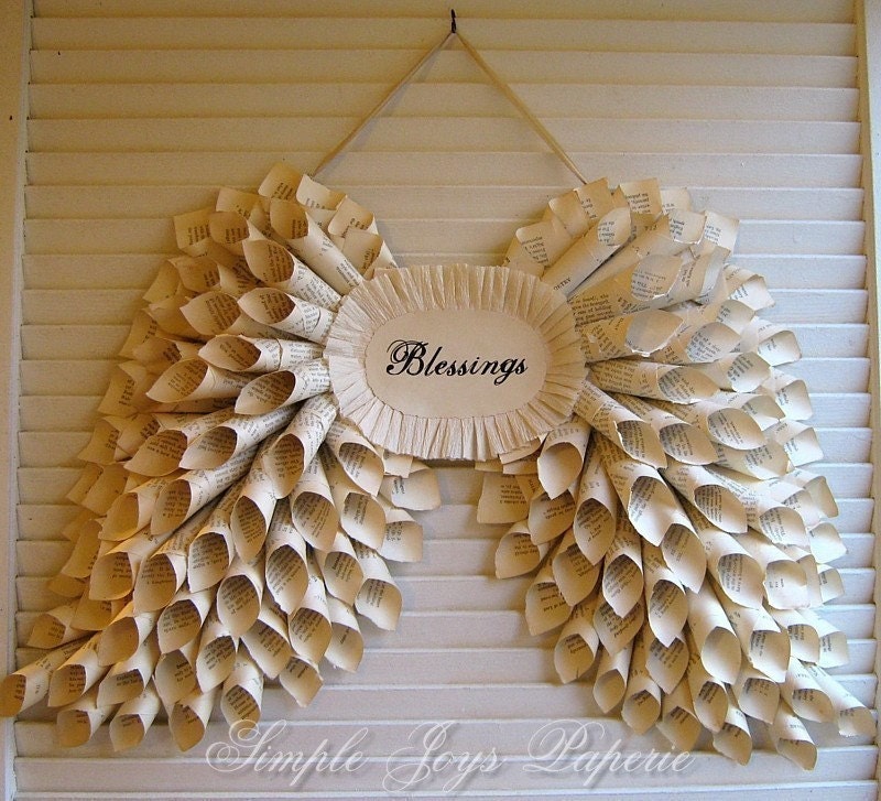 Tattered Angel Wings Shabby Chic Paper Sculpture - Vintage French Book - MTO