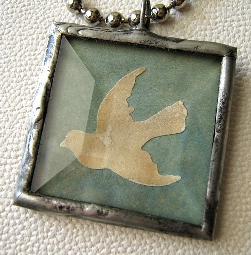 Aged Ivory Paper Bird on Muted Aqua Parchment Rustic Soldered Beveled Glass Charm Necklace for Nature Lovers