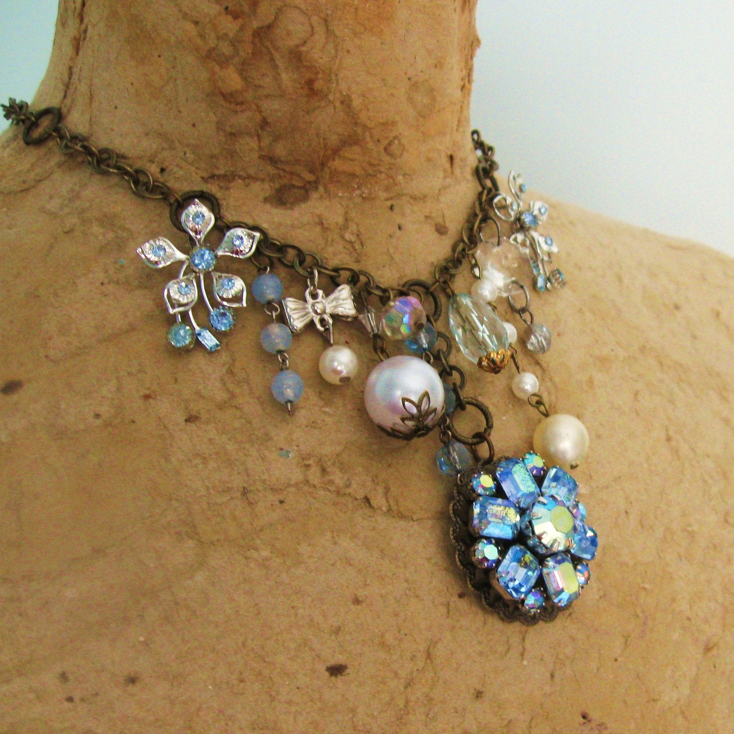 Ice Fairy Collage Statement Necklace Pale Aqua Blue Winter Dream Assymetrical Rhinestone Sparkle Jewelry FREE SHIPPING