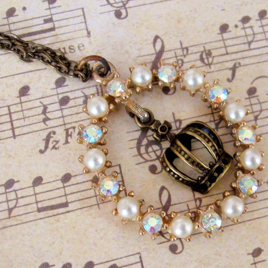 Antique Vintage Crown rhinestone Pearl Necklace Repurposed Redux, My Worth Within, FREE SHIPPING by Maddie Lisee
