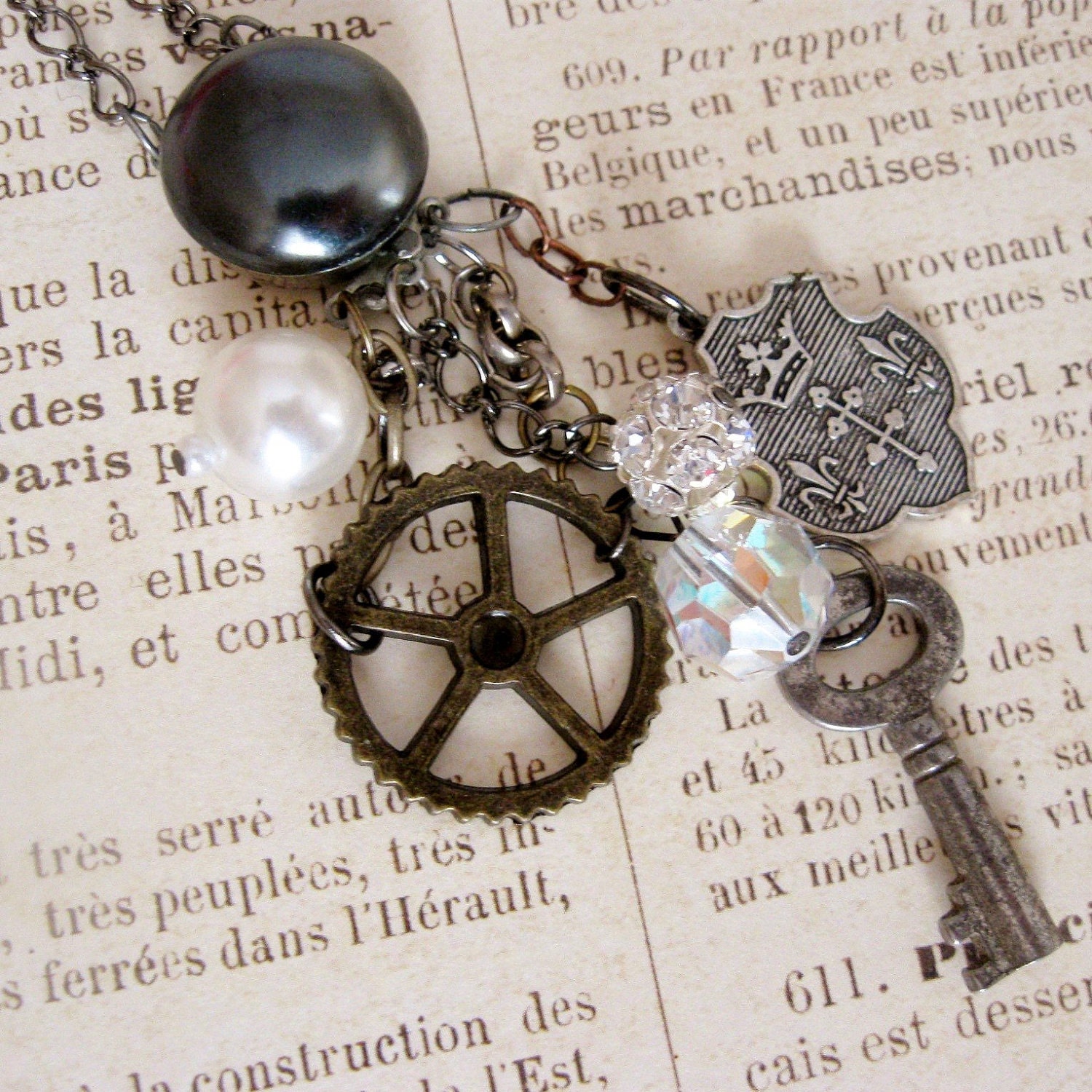 Antique Assemblage Necklace Skeleton Key Gear crown fleur de lis pearls rhinestones, All Together Now, jewelry FREE SHIPPING by Maddie Lisee