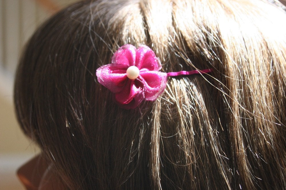 Fuschia and raspberry rose organza flower bobby pin set - Free Shipping