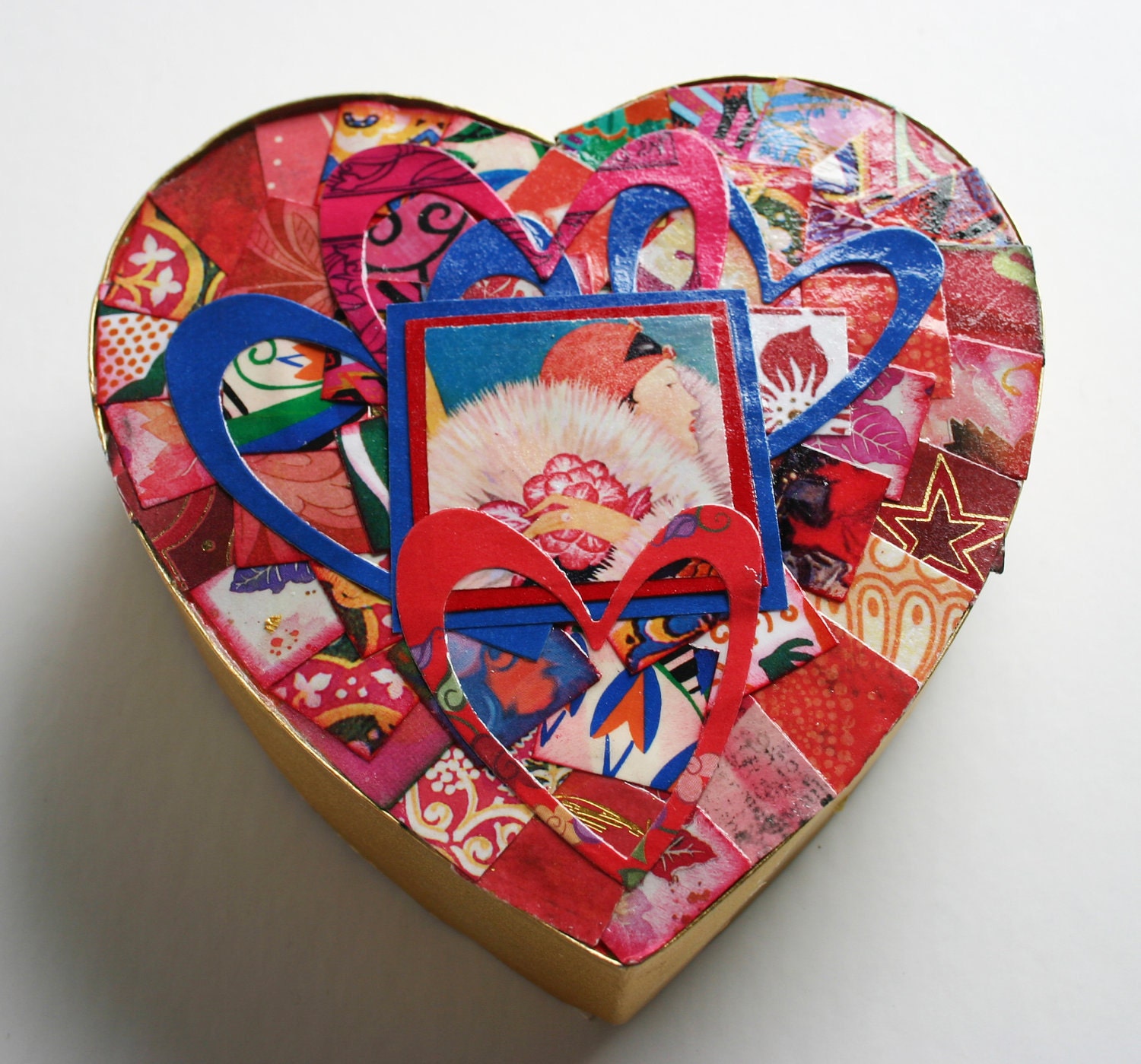 Gift box, Decoupage upcycled heart box, Red heart gift box, Embellished recycled heart gift box.