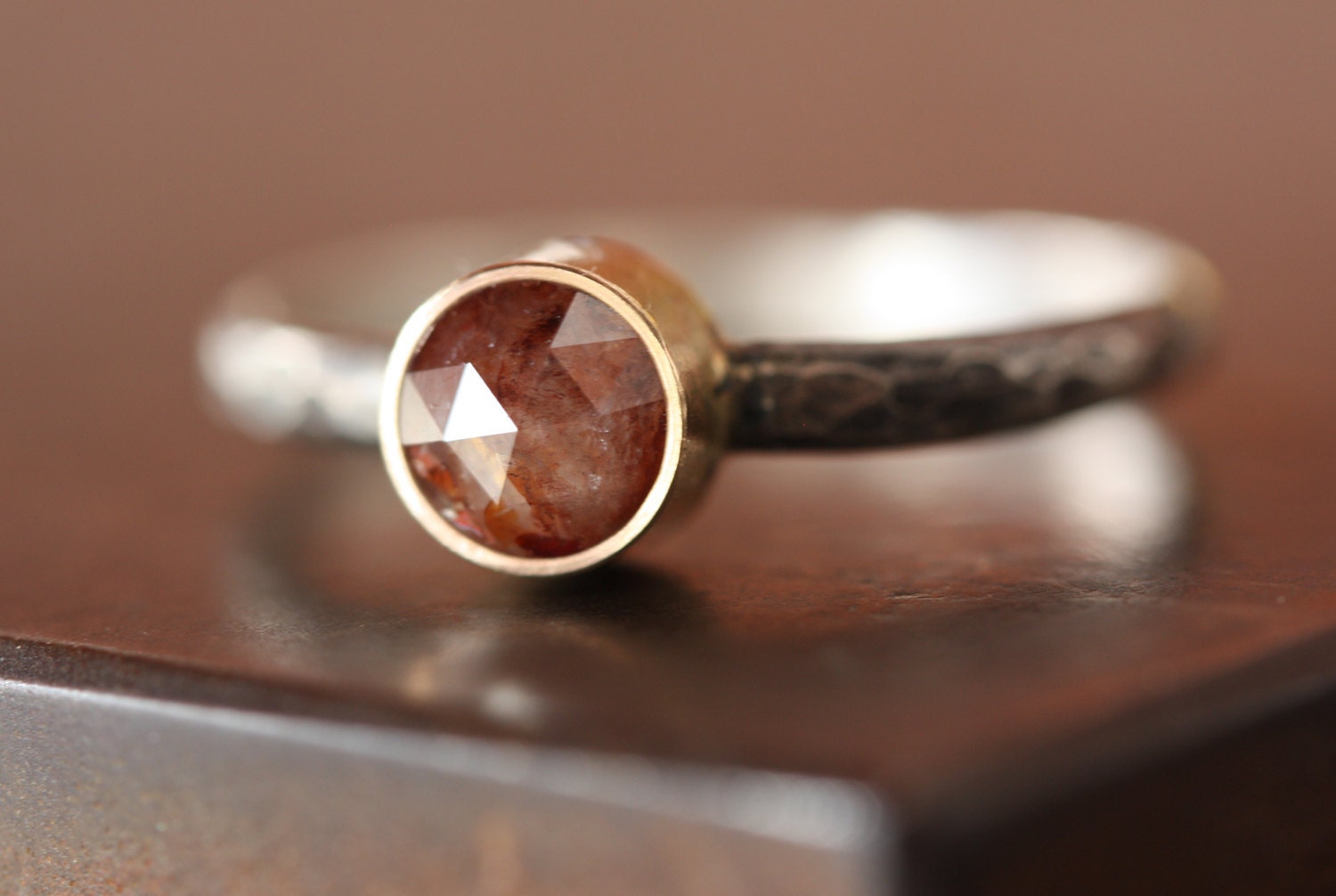Natural Red Rose Cut Diamond Ring- engagement, round, solitaire, 14kt gold, sterling silver, hammered, rustic