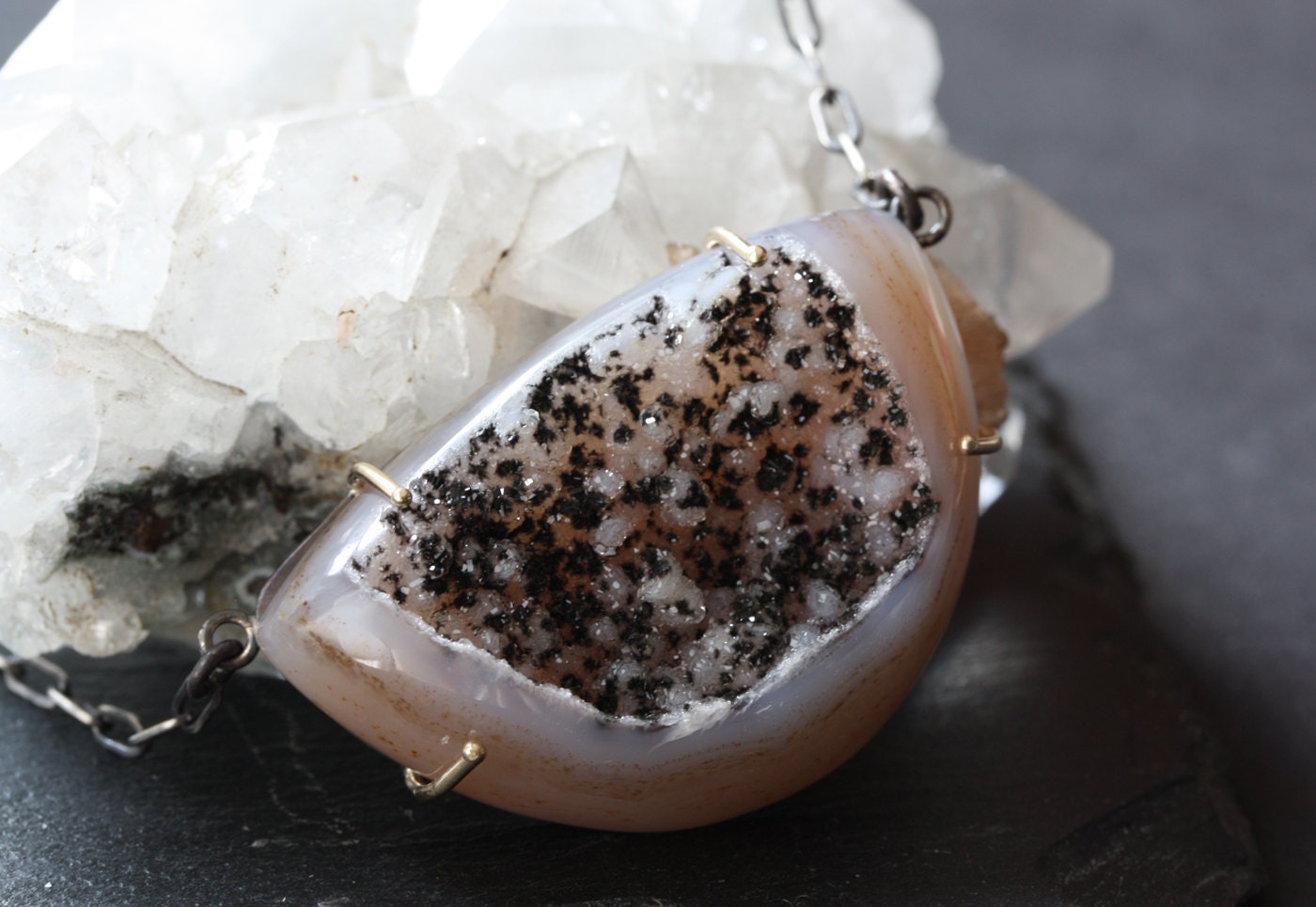 Mixed Metal Spotted Druzy Necklace- geode, pendant, sterling silver, oxidized, 14kt gold