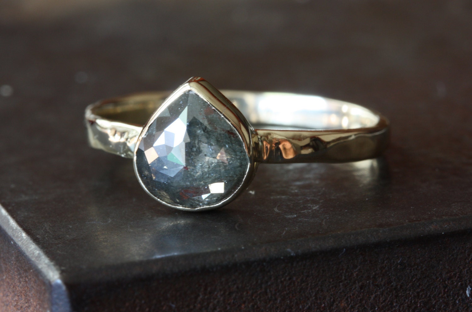 Grey Heart Rose Cut Diamond RIng in 14kt Yellow Gold- engagement ring, wedding ring, unusual diamond ring, natural diamond, bezel hammered