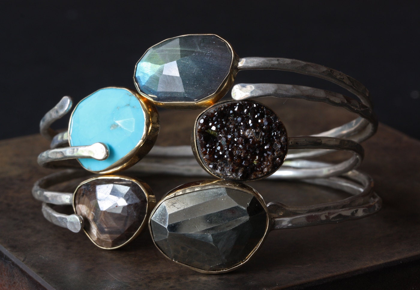 Pyrite Cuff Bracelet- 14kt gold, sterling silver, stacking bracelet, bezel, hammered, bangle, mixed metal