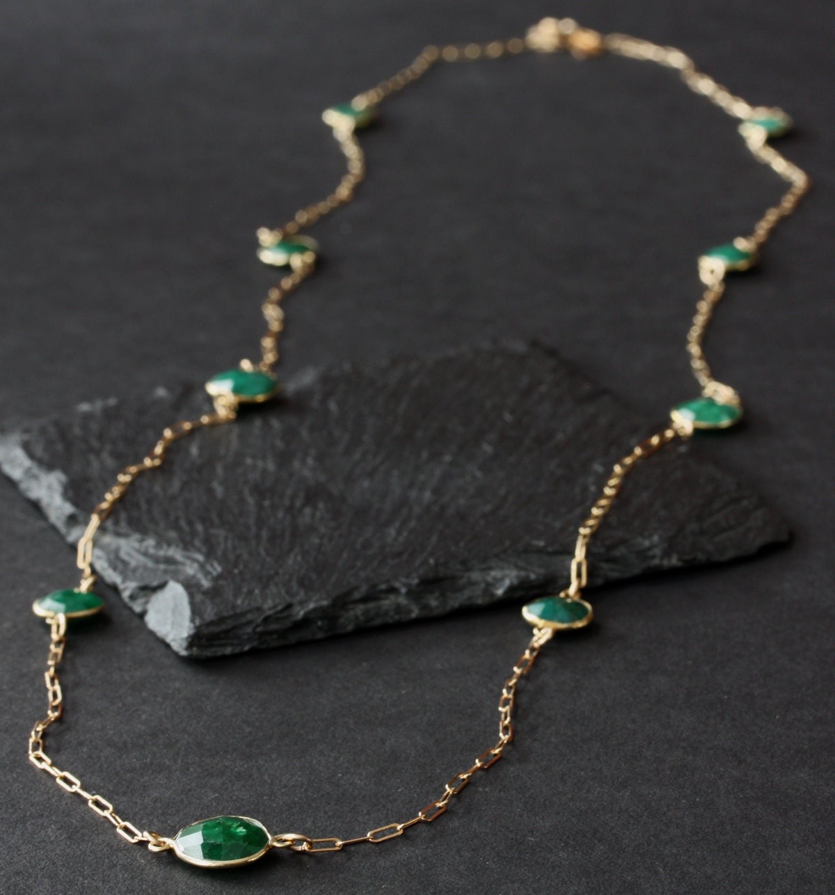 Long Rose Cut Emerald Station Necklace in 14kt Gold- as seen in Destination Weddings