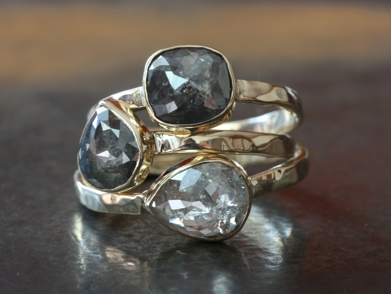 Grey Heart Rose Cut Diamond RIng in 14kt Yellow Gold- engagement ring, wedding ring, unusual diamond ring, natural diamond, bezel hammered