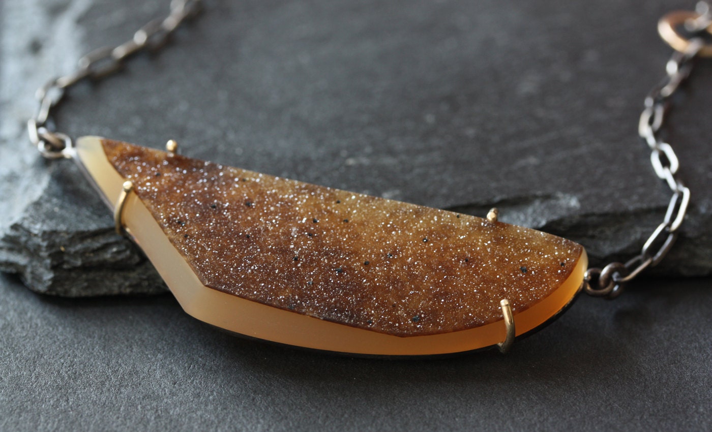 Mixed Metal Spotted Whiskey Druzy Necklace- geode, pendant, sterling silver, oxidized, 14kt gold