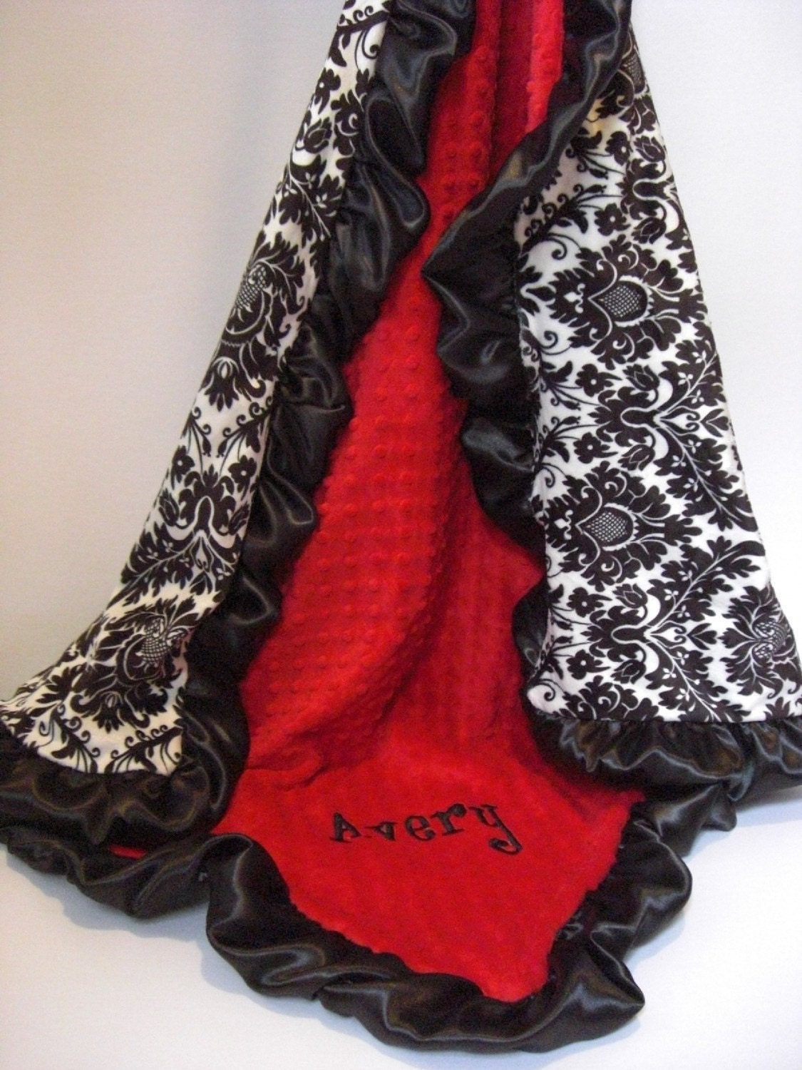 Red dot and Black Damask Minky Baby Blanket, Baby or Toddler, Personalized