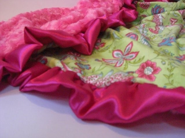 Hot Pink and  Kiwi Apple Green Floral Minky Baby Blanket