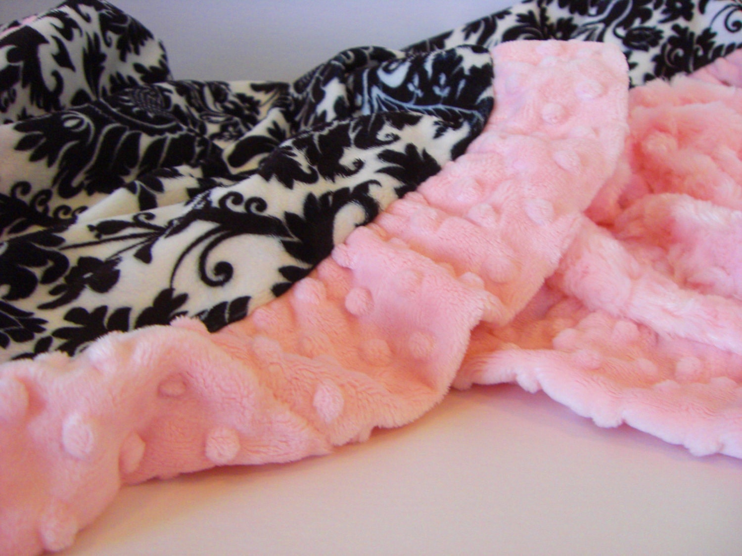 Personalized Minky  Baby Blanket in Soft Pink Rose Swirl and Black Damask with a MINKY Ruffle