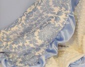 Blue Damask and Cream Satin Ruffle Minky Baby Blanket