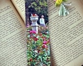 Laminated Victorian English Rose Garden Floral Photo Bookmark w/ Silk Flower Beaded Bouquet