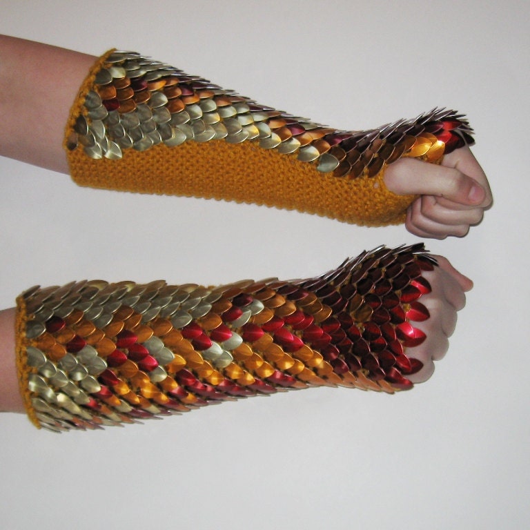 Scale Maille Knitted Dragonhide Armor Gauntlets Elbow Length Pheonix, custom made for you