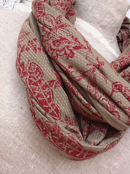 Winter Scarf, Ladies Soft Cotton Knit Loop Scarf, Soft Gray and Red Floral Print, Romance, Winter Wrap - CamillaCotton