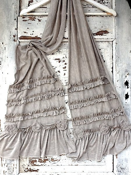 Cotton Knit Scarf Romantic Soft Gray / Taupe, Small Rosettes, Raw Edged and Tattered