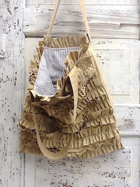 Rustic Chic, Ruffled Bag, Shoulder Bag, Bella Bag in Aged Cotton, Tattered and Raw Edged, Maid of Honor Gift