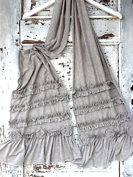 Cotton Knit Scarf Romantic Soft Gray / Taupe, Small Rosettes, Raw Edged and Tattered