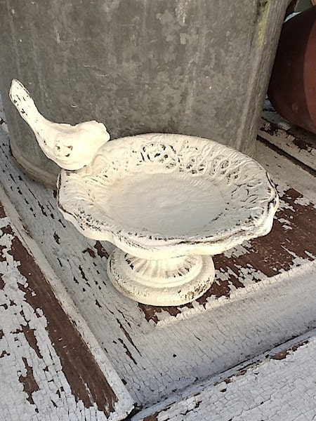 Petite Garden Bird Bath Rustic And Distressed, Shabby Chic White