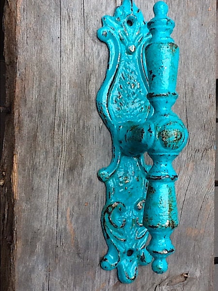 Rustic Metal Door Pulls and Wall Hook , French Decor in Spanish Hacienda Aqua Green
