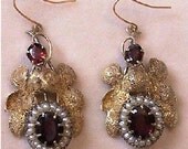 On Sale Vintage Gold Earrings Victorian in 14 K Yellow Gold with Garnet and Seed Pearls
