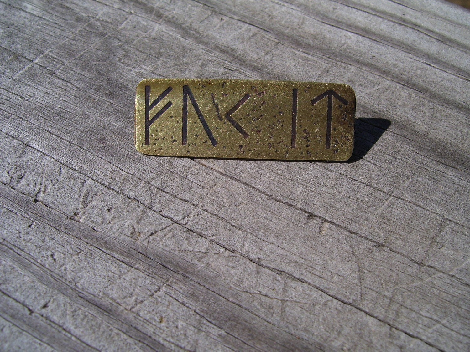 Mature slogan expressed in Elder Futhark Runes brass pin