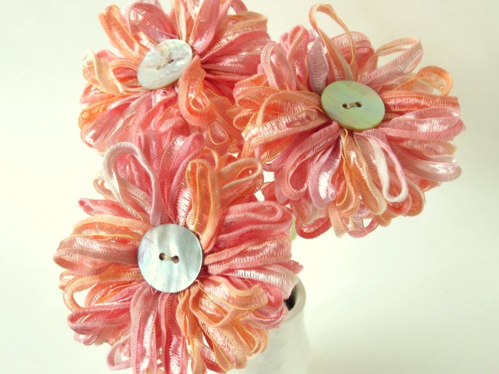 3 Peach Melba Ribbon Flowers a handmade bouquet