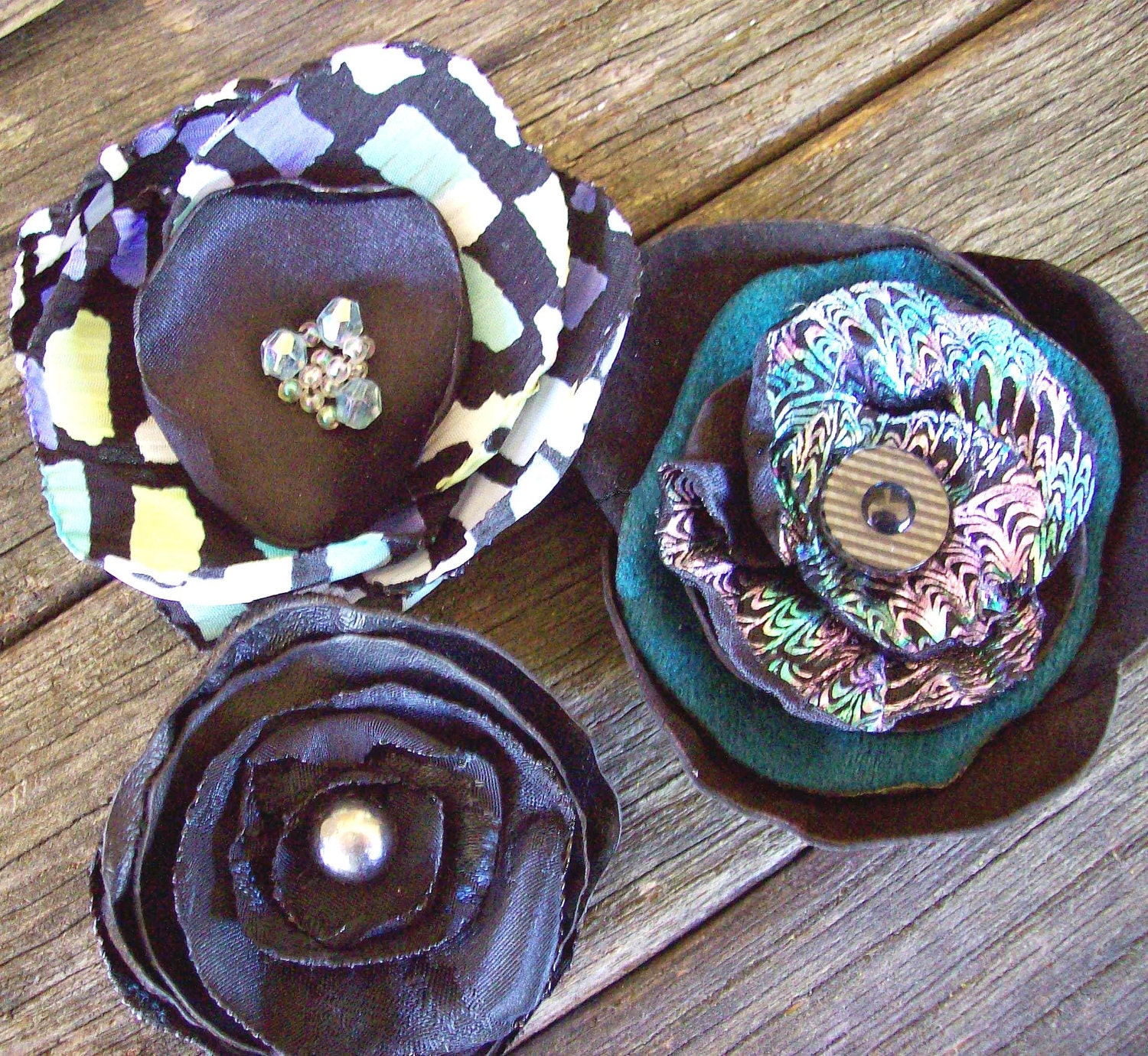 Trio of Fabric Flowers - Bright Colors on Black - Free Shipping