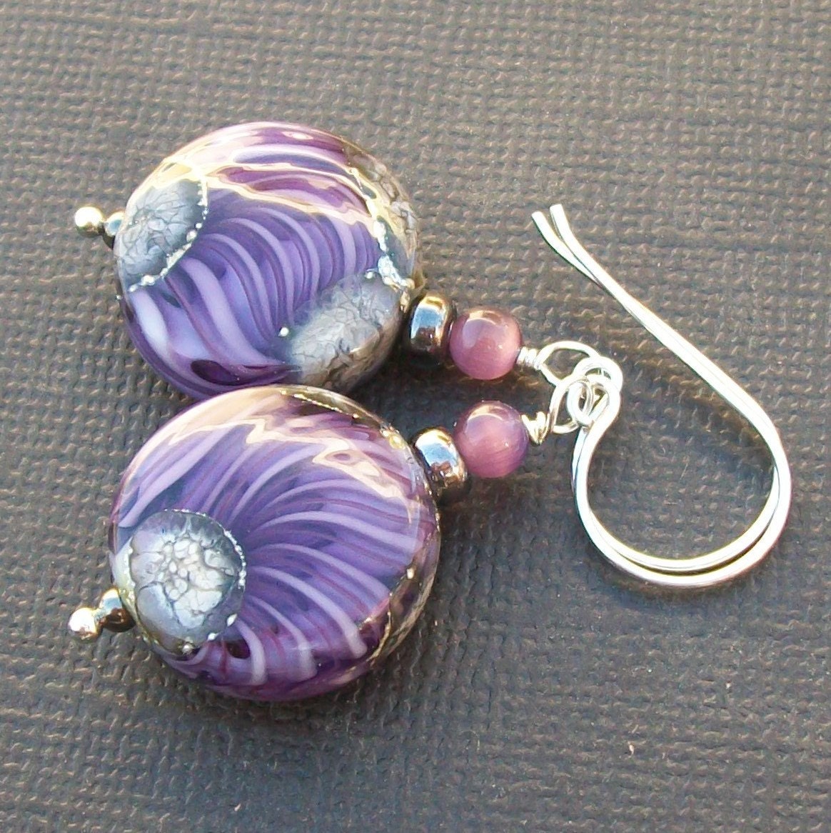 lampwork earrings gorgeous lavender ivory silvered glass beads-  lavender simplicity