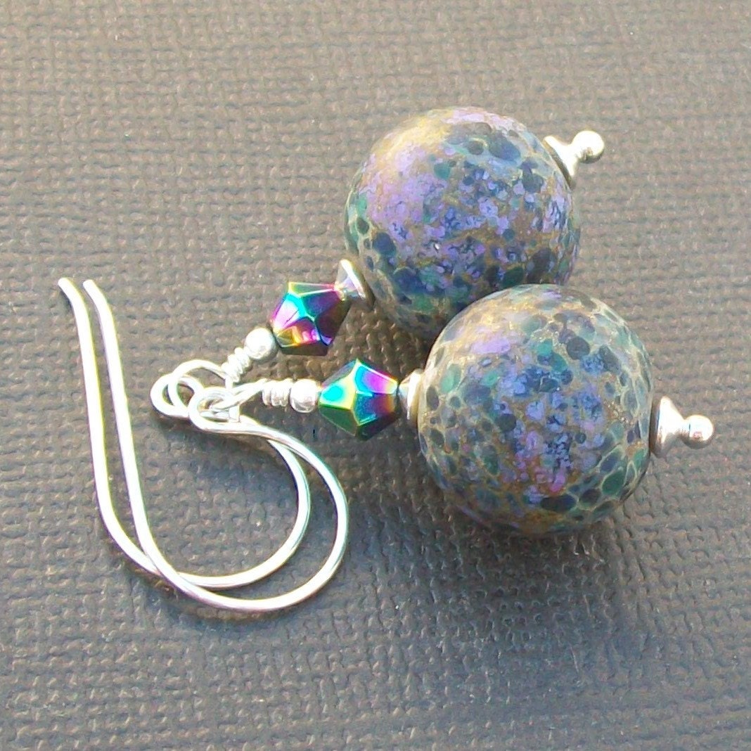lampwork glass earrings mottled spotted teal purple and aqua etched bead earrings-  giverny
