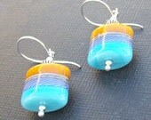 lampwork glass earrings orange and rich aqua two tone silvered beads-  skylite
