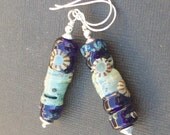 artisan lampwork glass earrings colorful blue  tube shaped murrini beads- bally blue