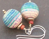 artisan polymer clay  earrings turquoise magenta ivory bead earrings- tortuga