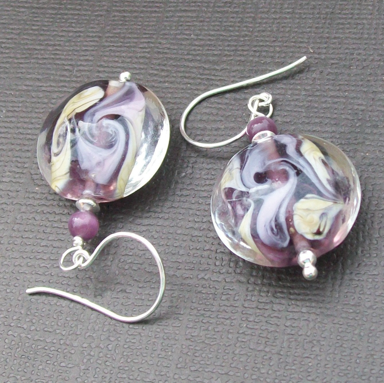 handmade lampwork earrings with purple lavender ivory swirls- lav swirls