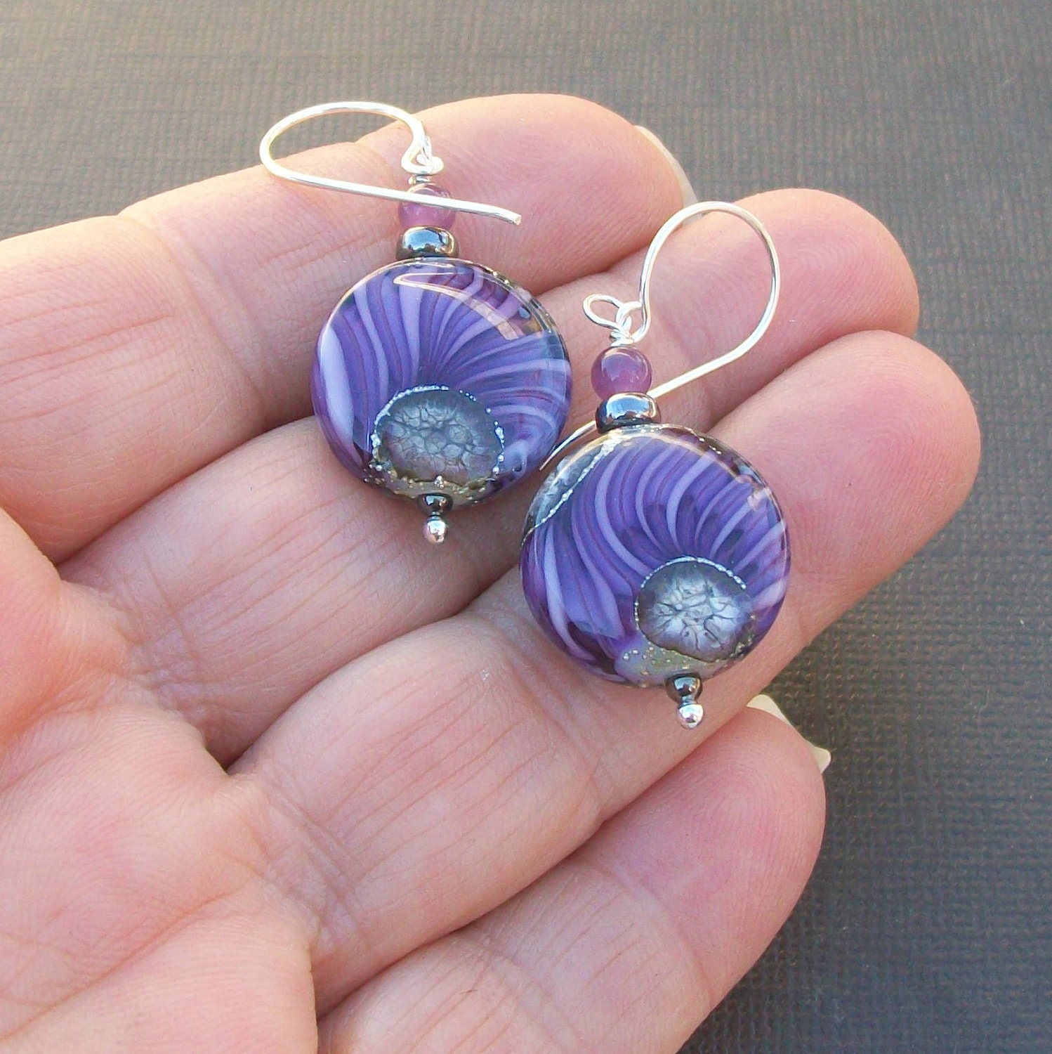lampwork earrings gorgeous lavender ivory silvered glass beads- lavender simplicity