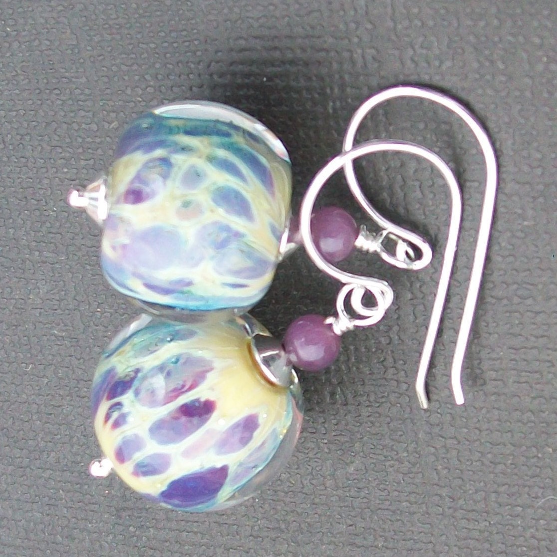 boro glass earrings ivory periwinkle, lavender, spotted beads- wonderland