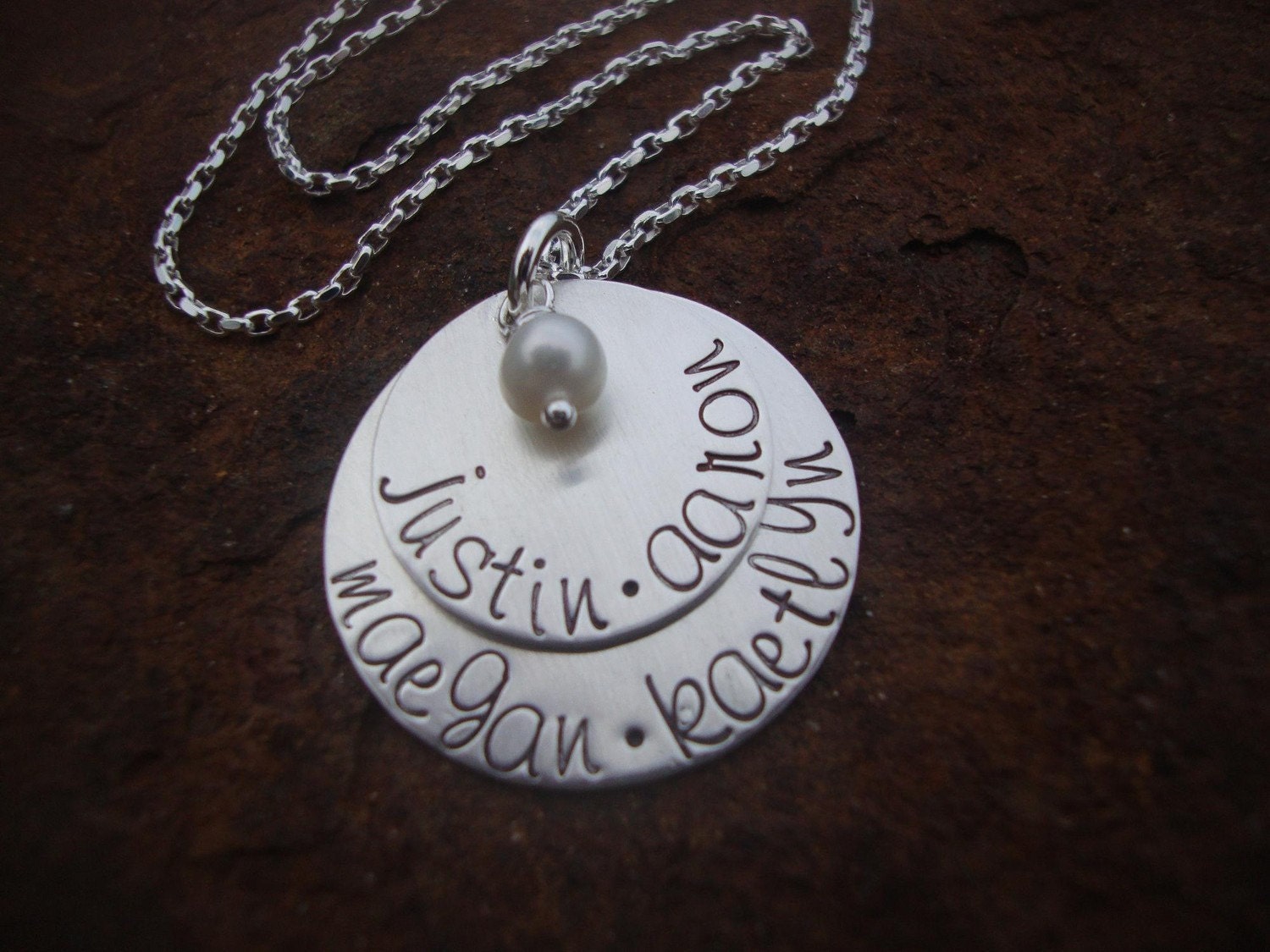 My Family Sterling Silver Hand Stamped Two Disc Pendant Family Mother Necklace