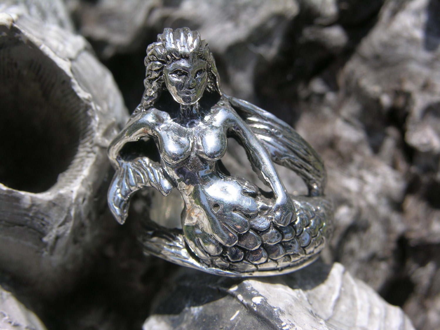 Large Sterling Silver Mermaid Ring Size 11