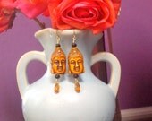 Buddha Sunrise Vintage Earrings, Onyx beads Swarovski tear drop Crystals, gold findings